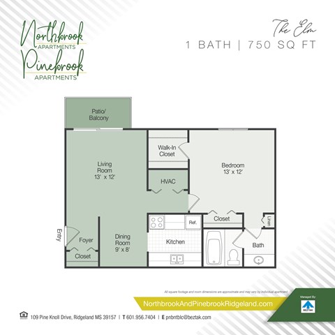 Floor plan for 1 bed, 1 bath, 750 sqft